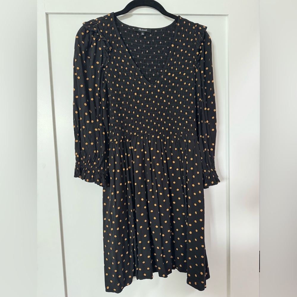 Madewell Smocked Dot mini dress with pockets .